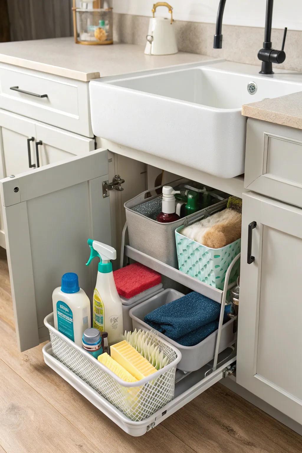 Sliding caddies simplify arranging and add convenience.