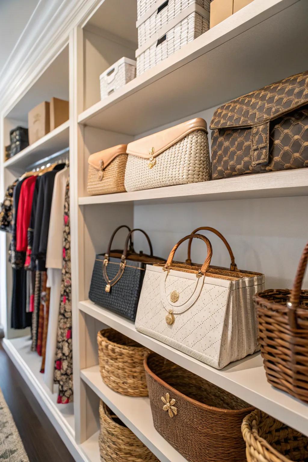 Baskets present a charming approach to storing less-structured purses.