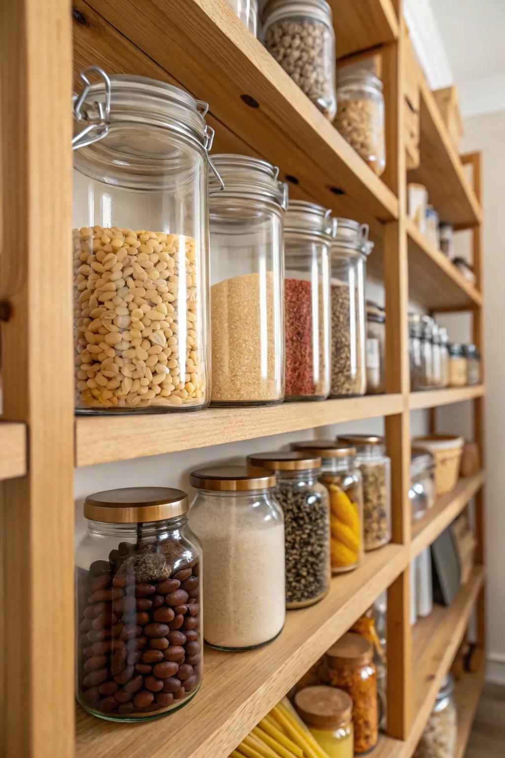 Clear jars create a clean, uniform pantry appearance