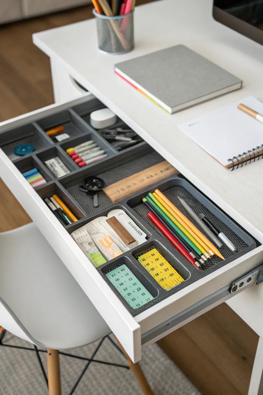 Drawer dividers prevent small items from creating chaos.
