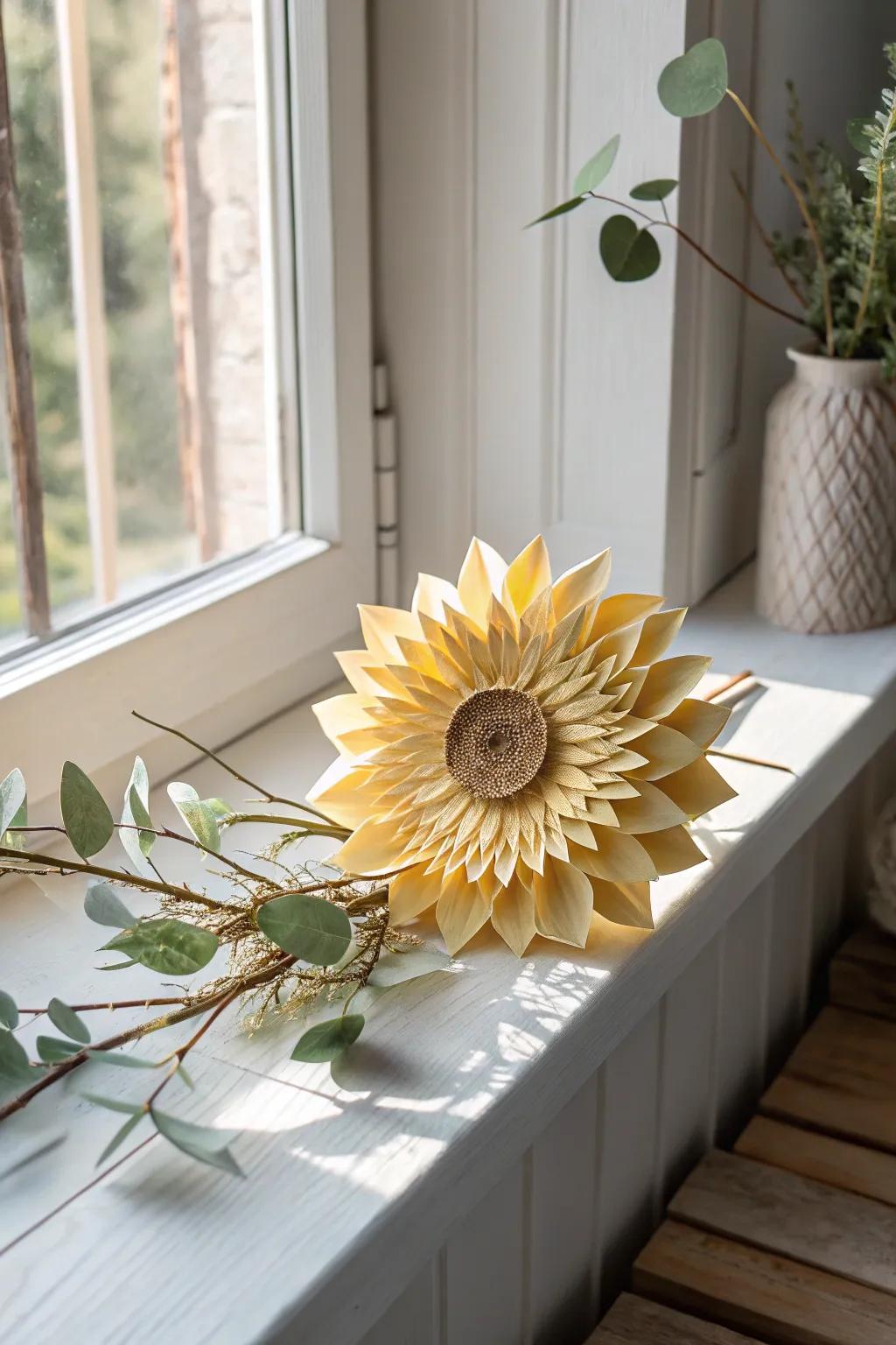 Embrace the comforting essence of a handcrafted paper folded sunflower, channeling sunlight into your minimalist interior.