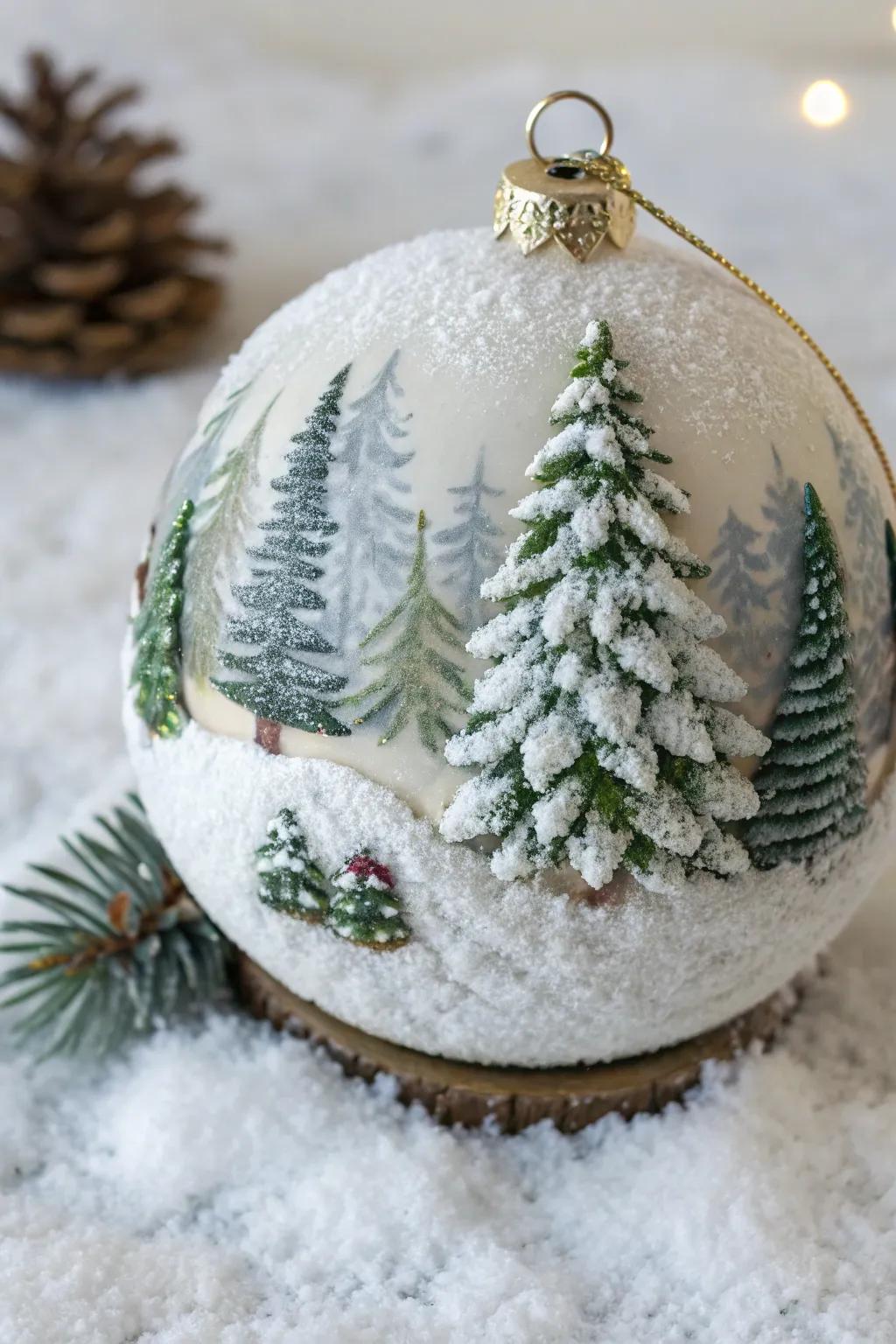 Snowy evergreen ornaments fashion a serene wintry wonderland.