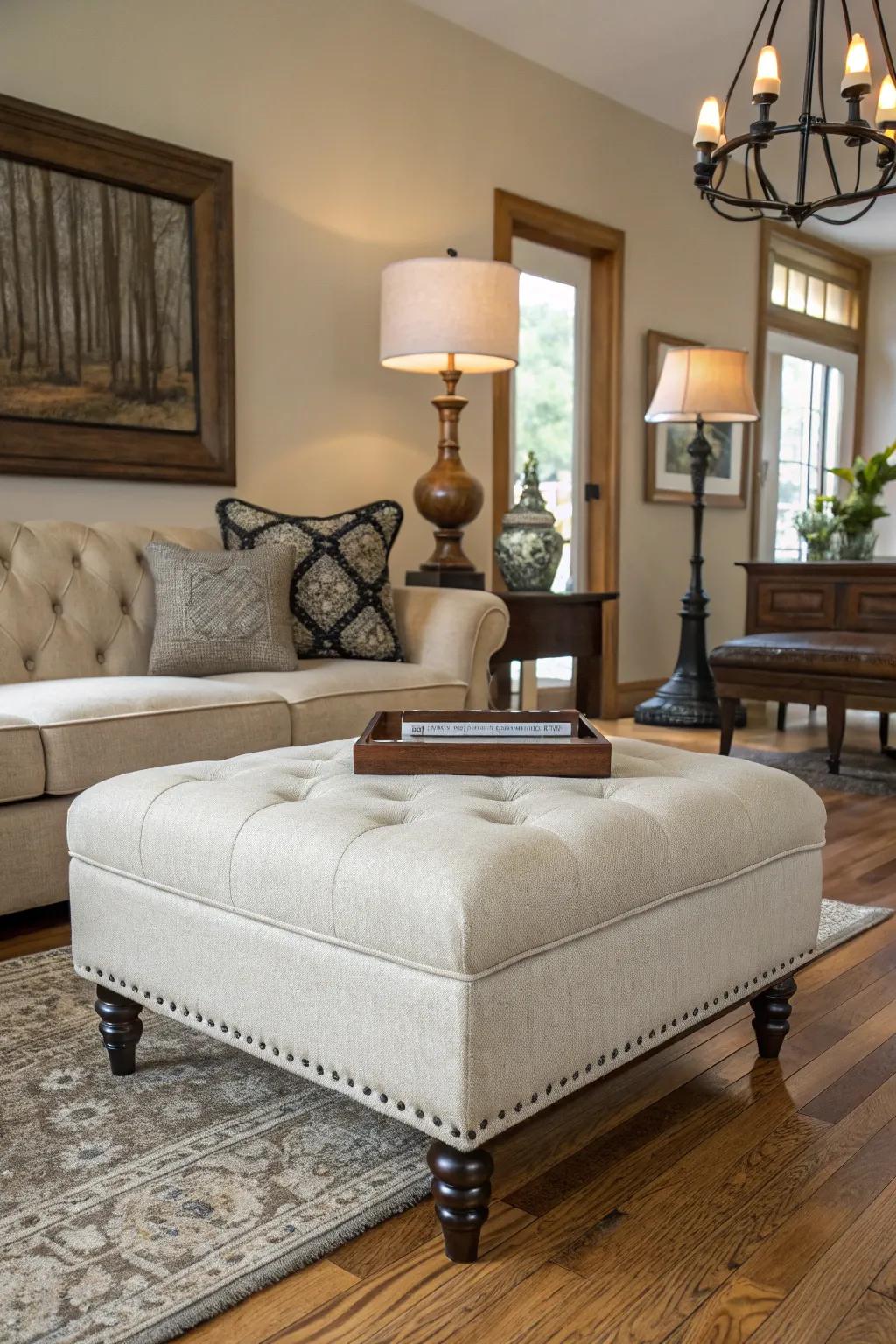 A harmonious convergence of modern and timeless aesthetics, centered around a sophisticated ottoman.