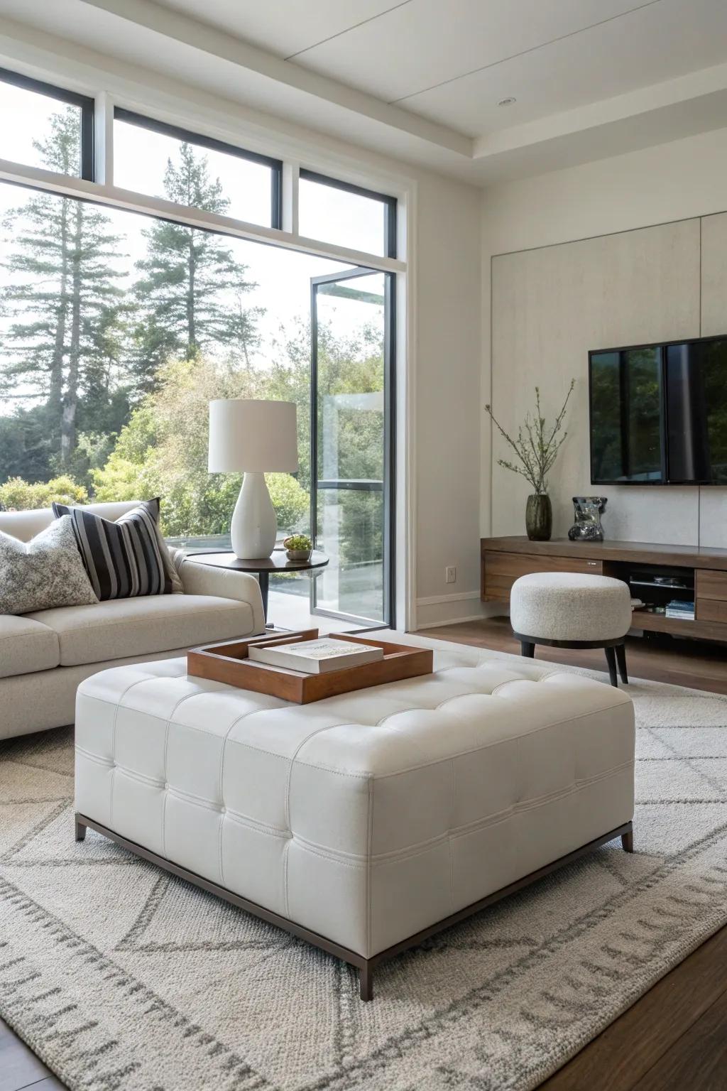 A minimalist ottoman adds a streamlined touch to a contemporary living room.