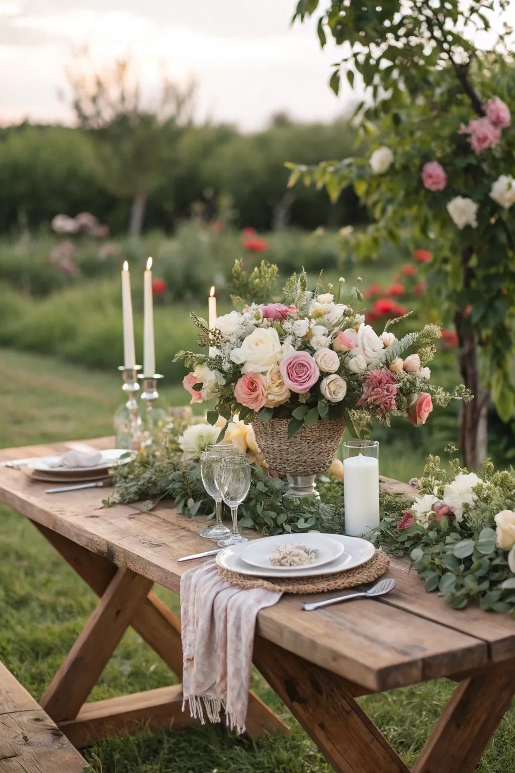 Country-style wooden tables contribute innate allure to the celebration.