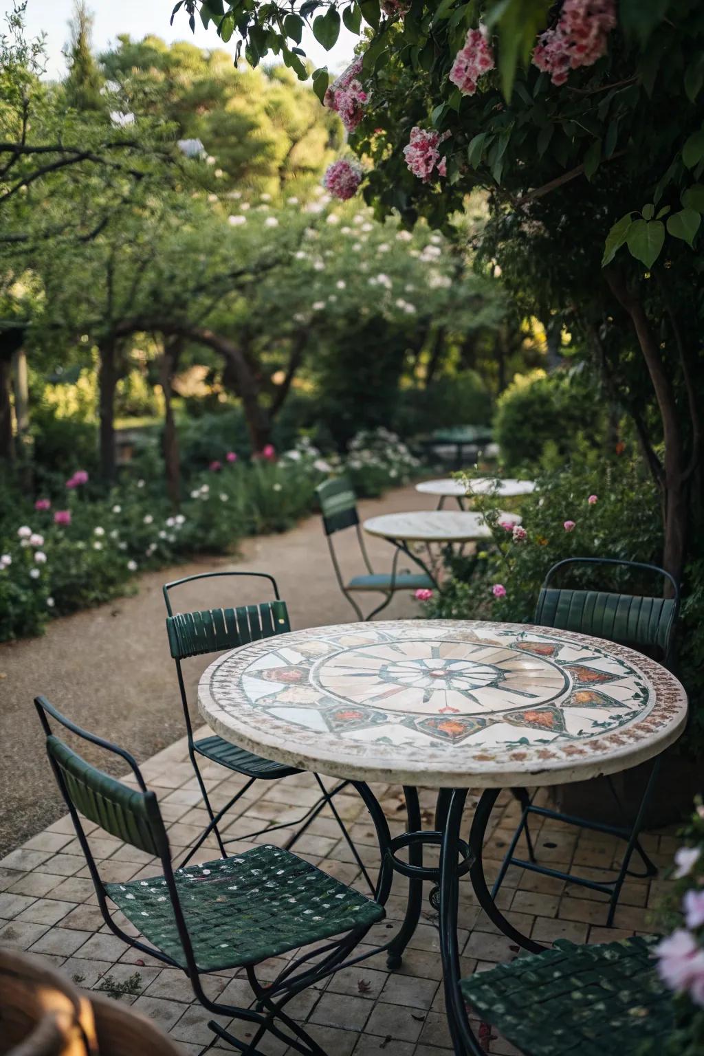 Incorporate artistic flair with a patterned tile table top small outdoor dining set.