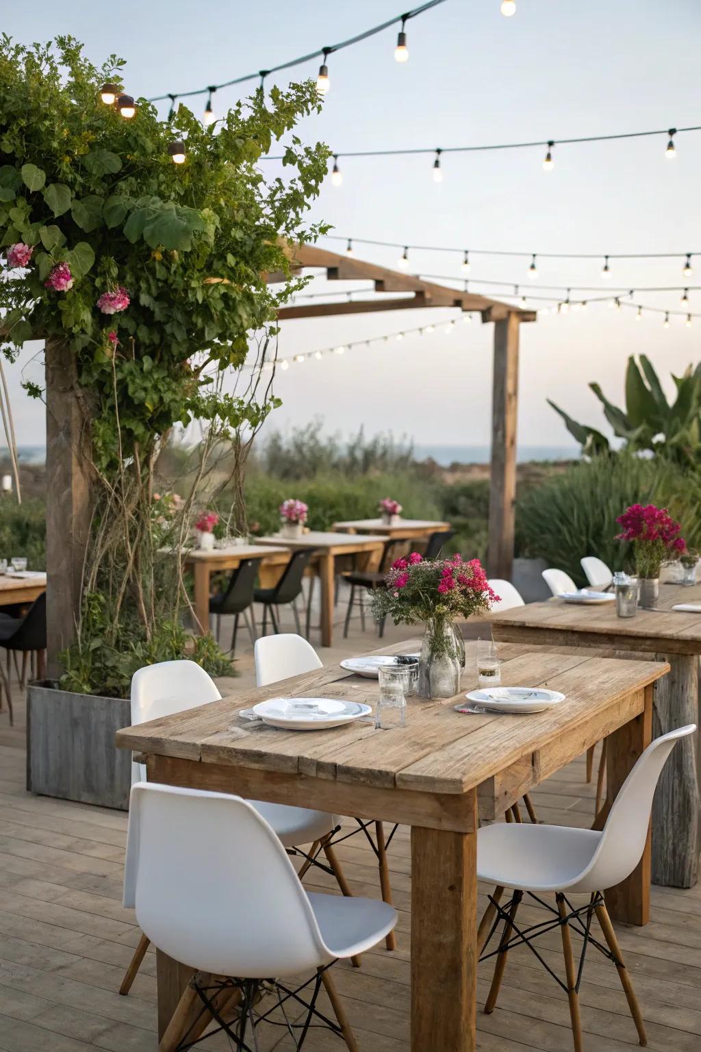 A sophisticated blend of rustic and modern elements in an outdoor dining setting.