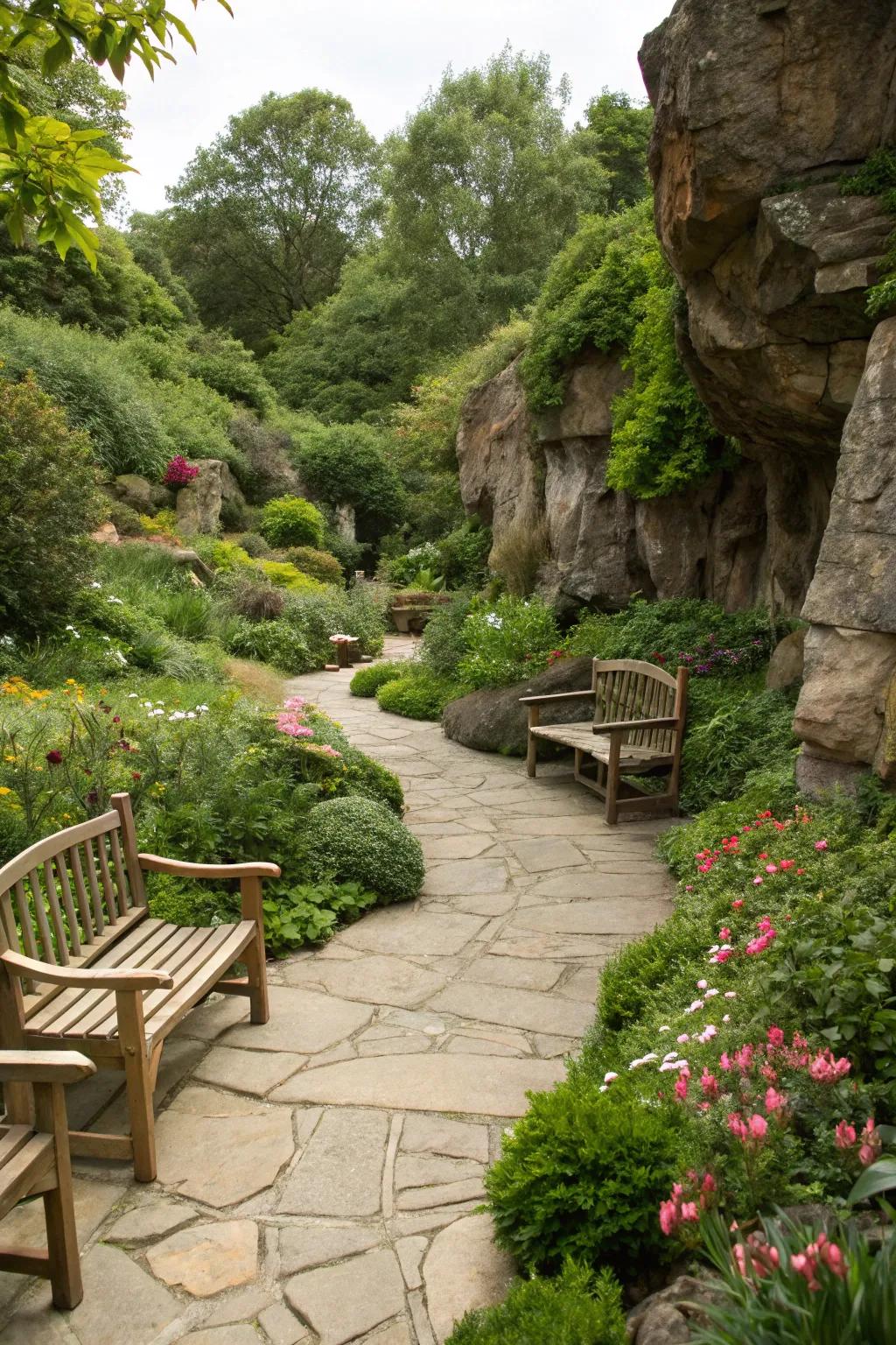 Natural parts like wood and stone enhance the feel of the garden.