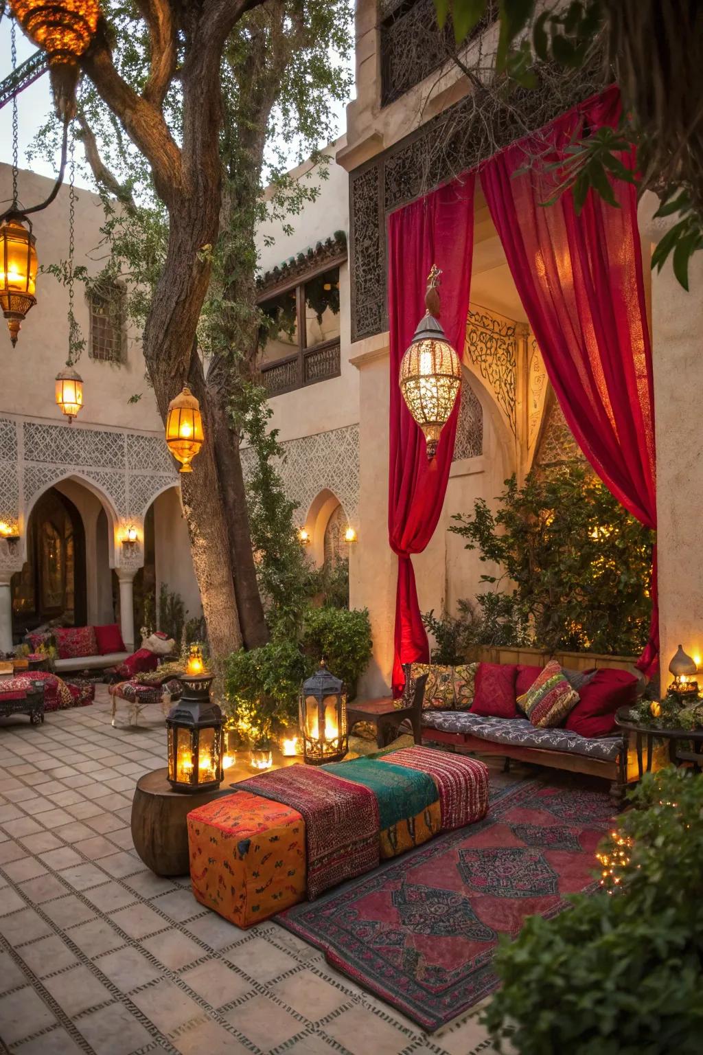 Moroccan elements add exotic charm to garden parties.