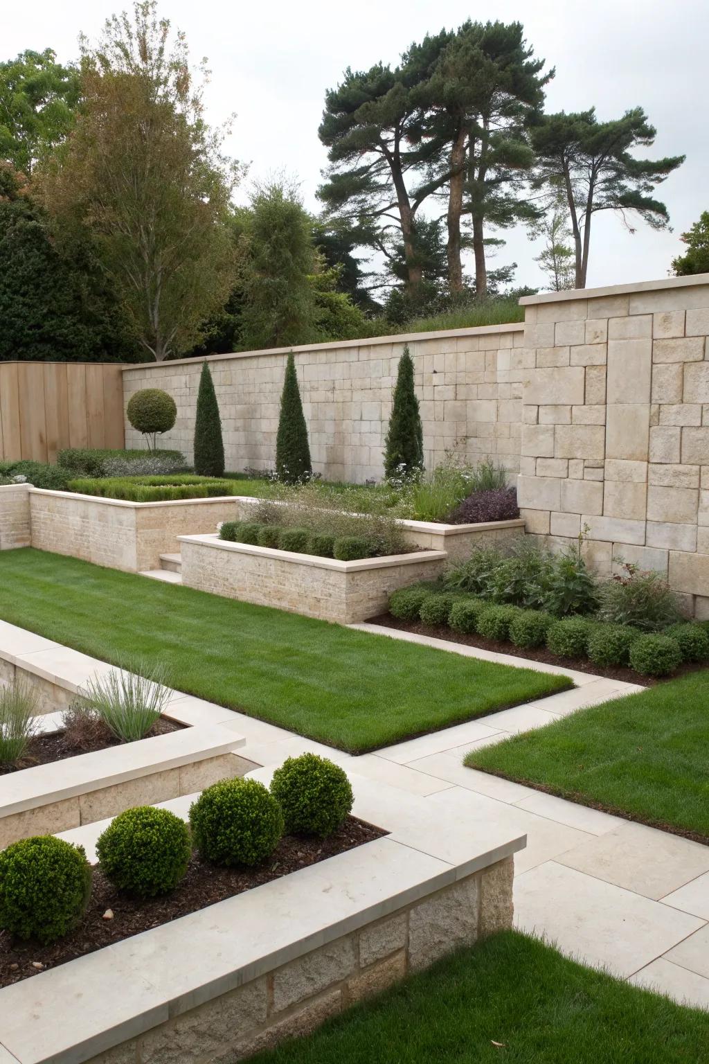 Geometric stone walls offer a polished, current touch.