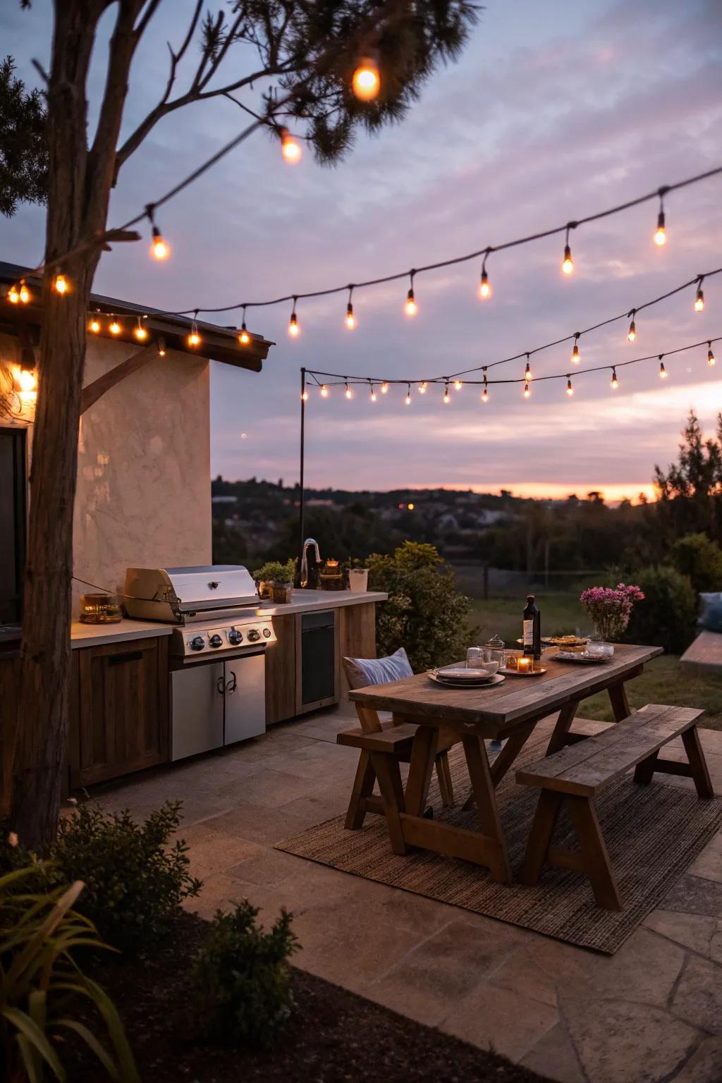 Garland lights contribute a dash of enchantment to your open-air kitchen.