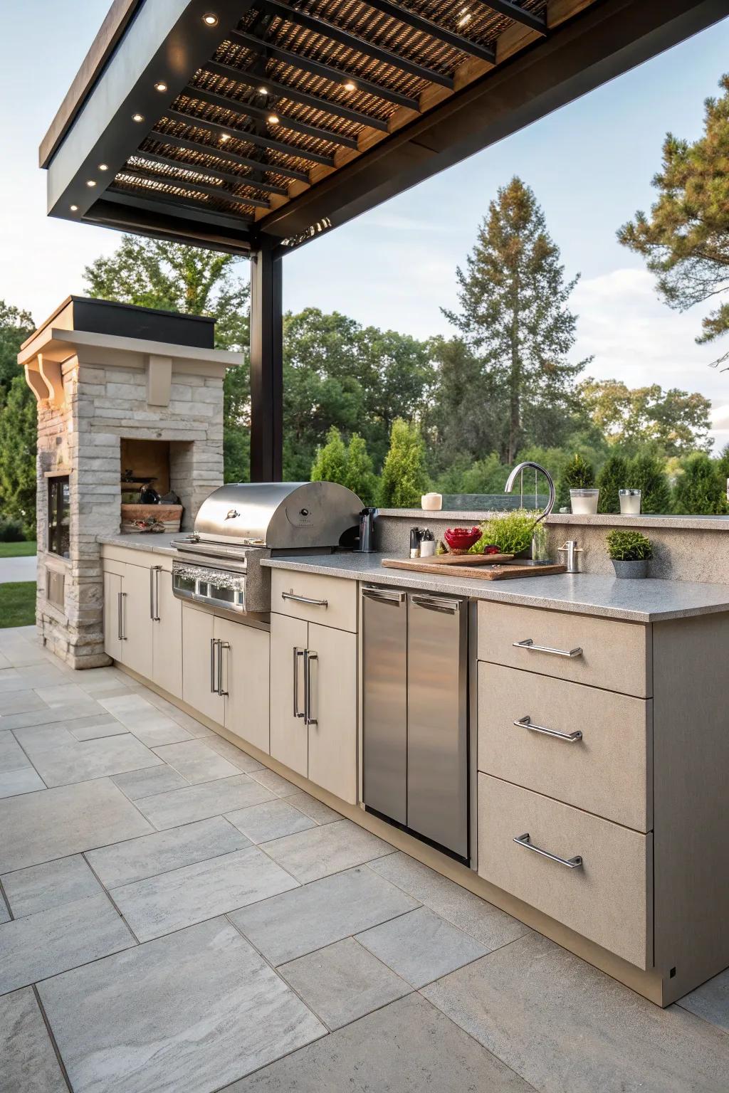 An outdoor cooking area offering generous storage with elegant units and bins.