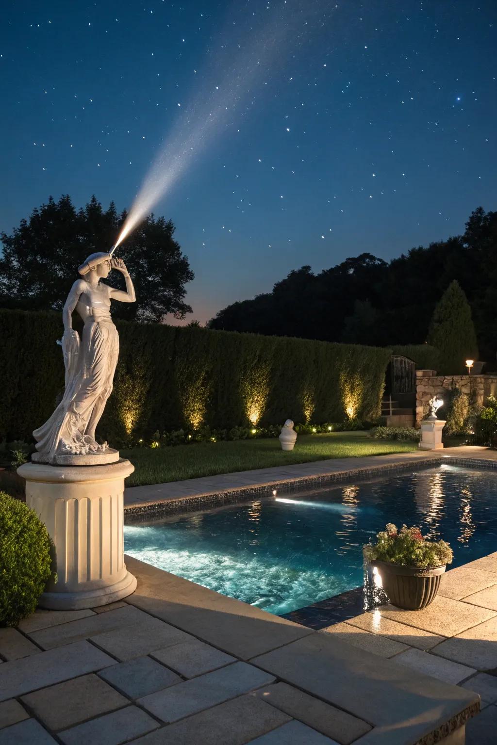 Spotlights accentuate notable features, adding interest and depth.