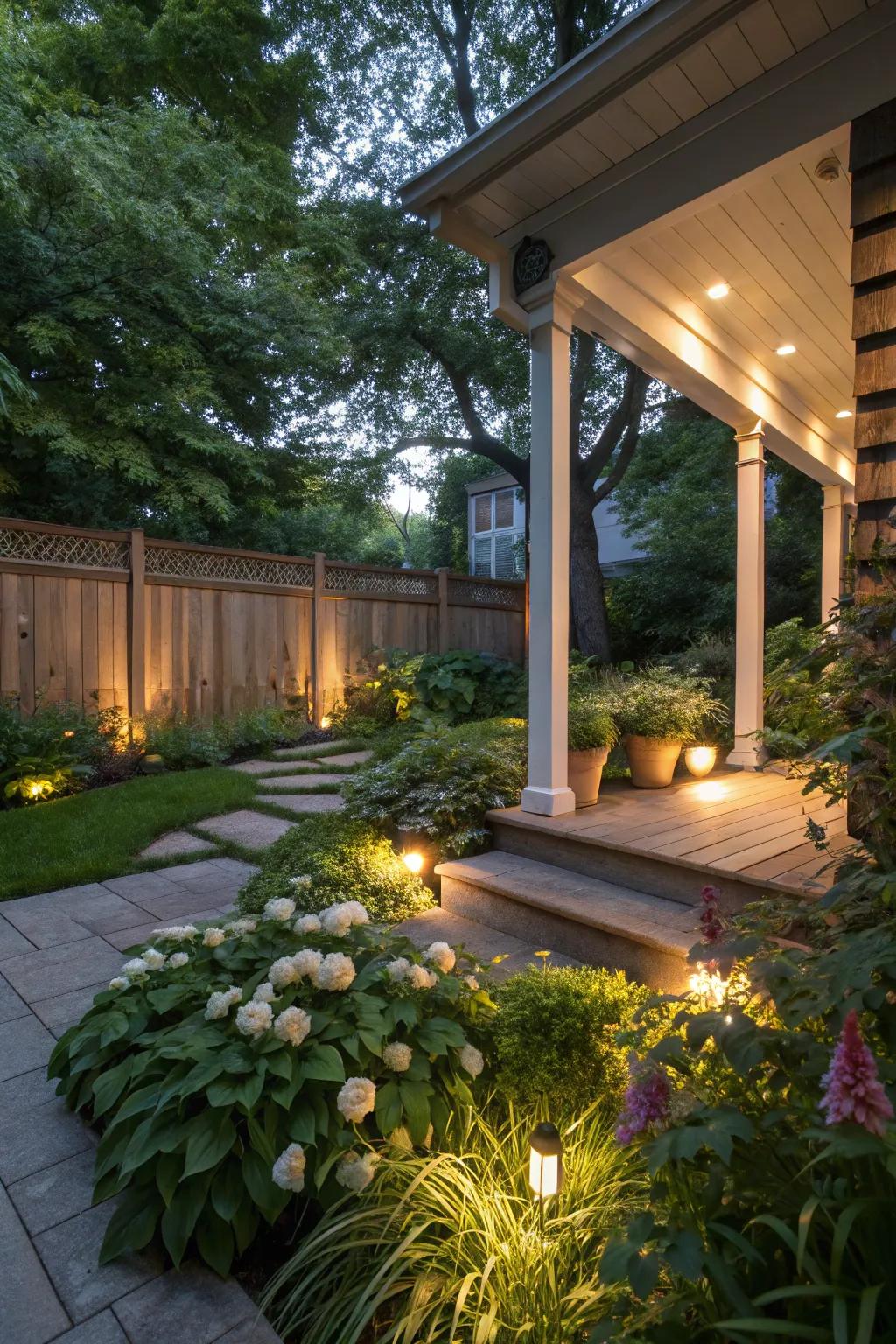 Integrate porch illumination with nature for a harmonious look.