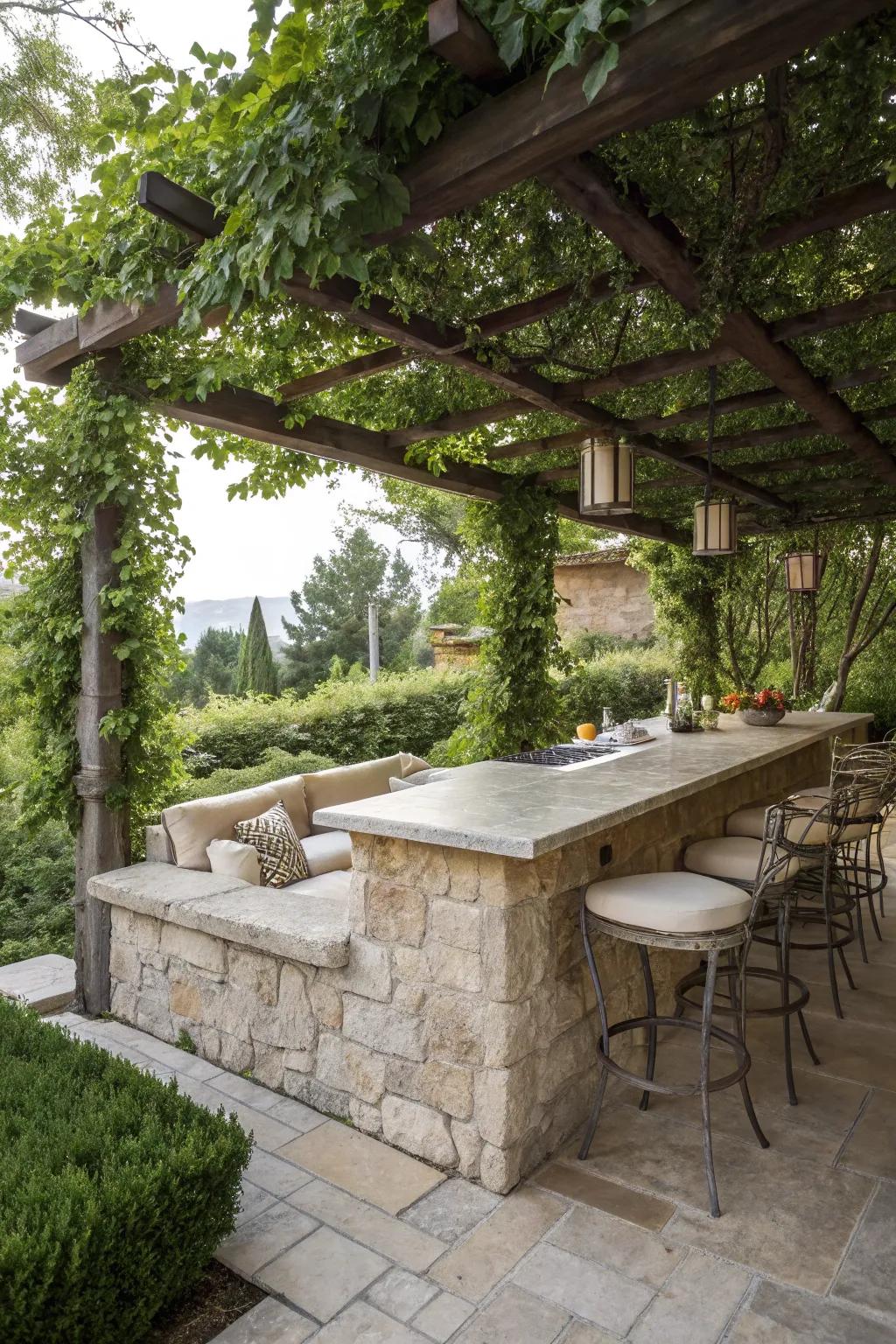 A stylish stone bar under a charming pergola.