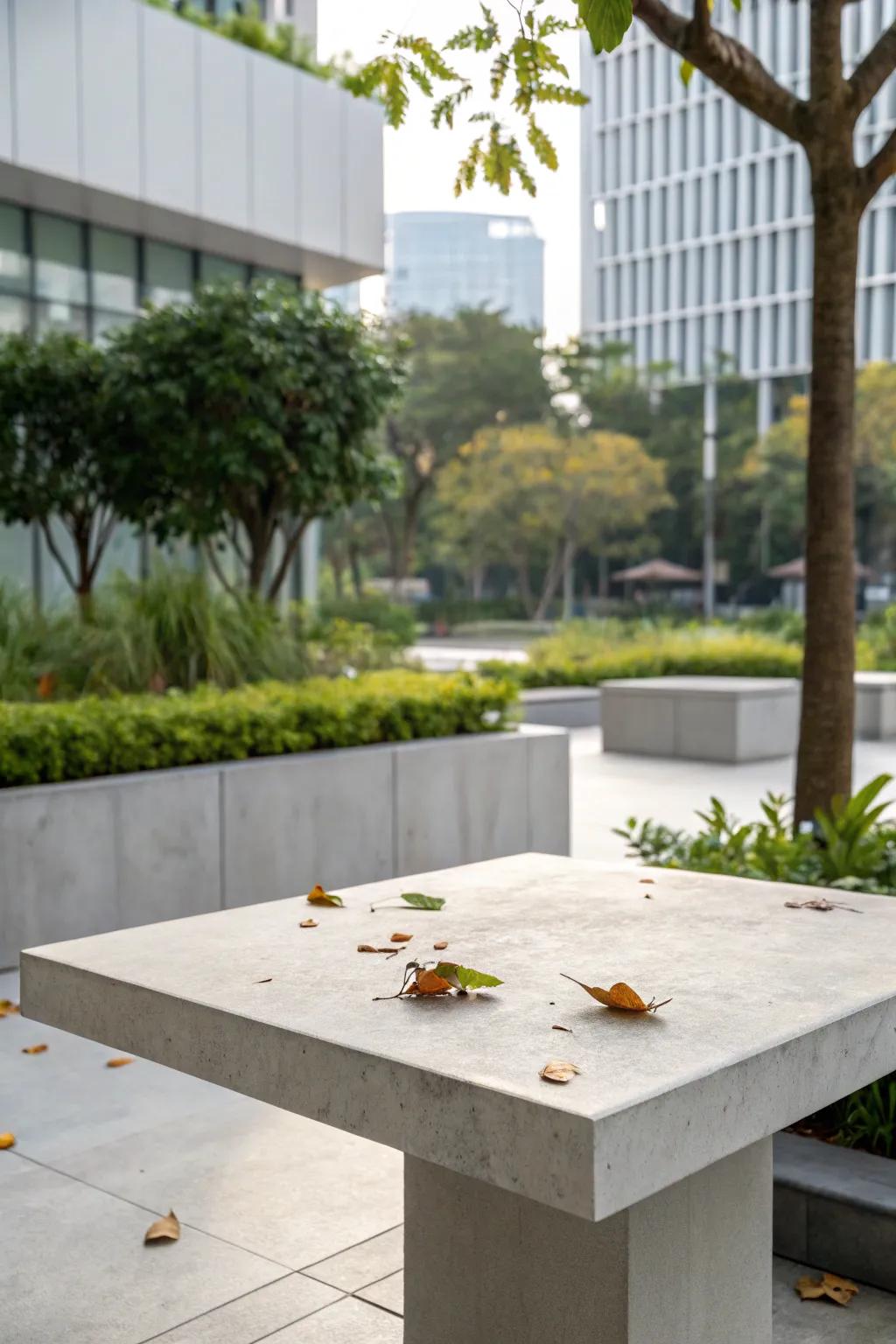 Concrete table tops are versatile and add a minimalist touch to your patio.