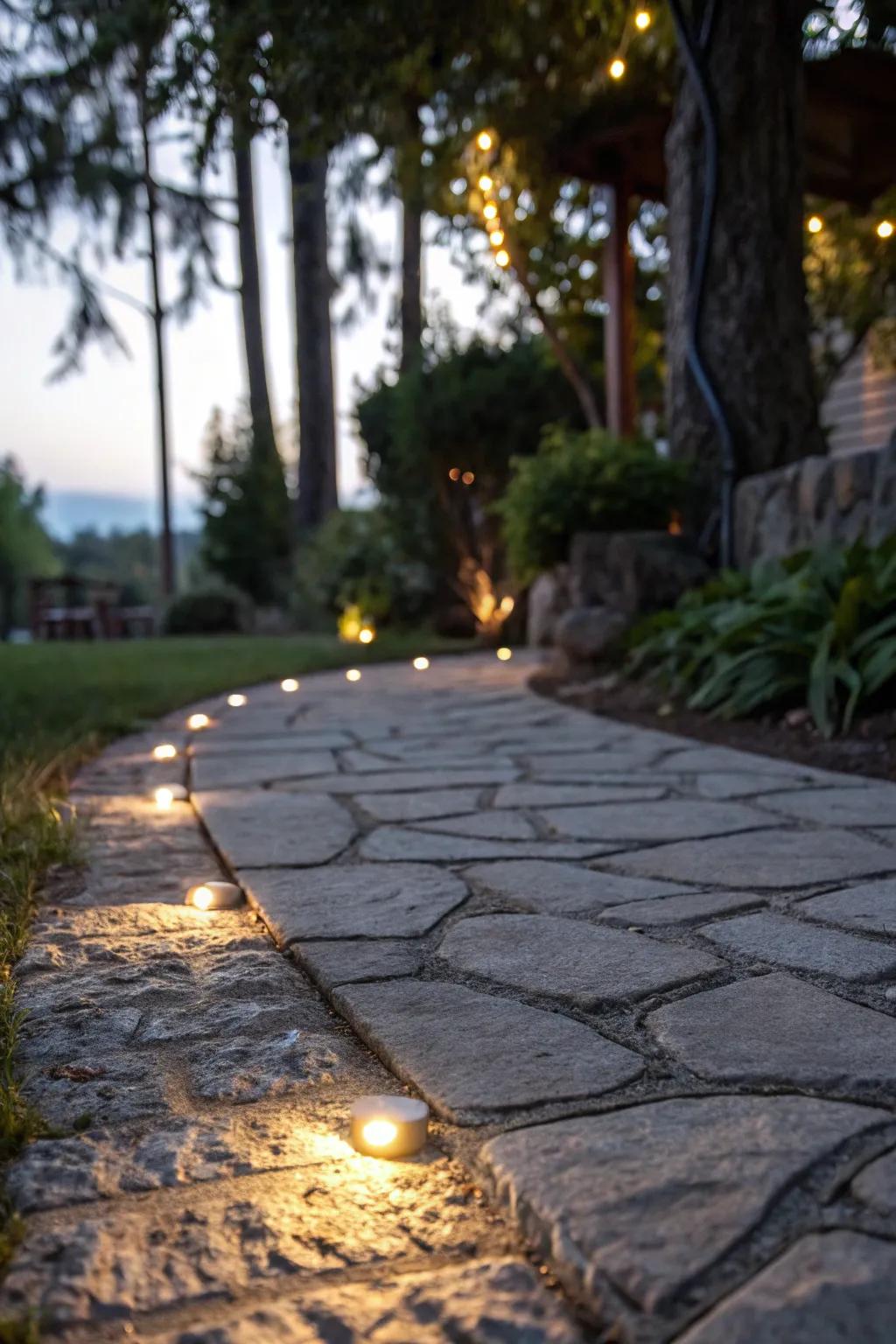 Rock-embedded lights for rustic charm.