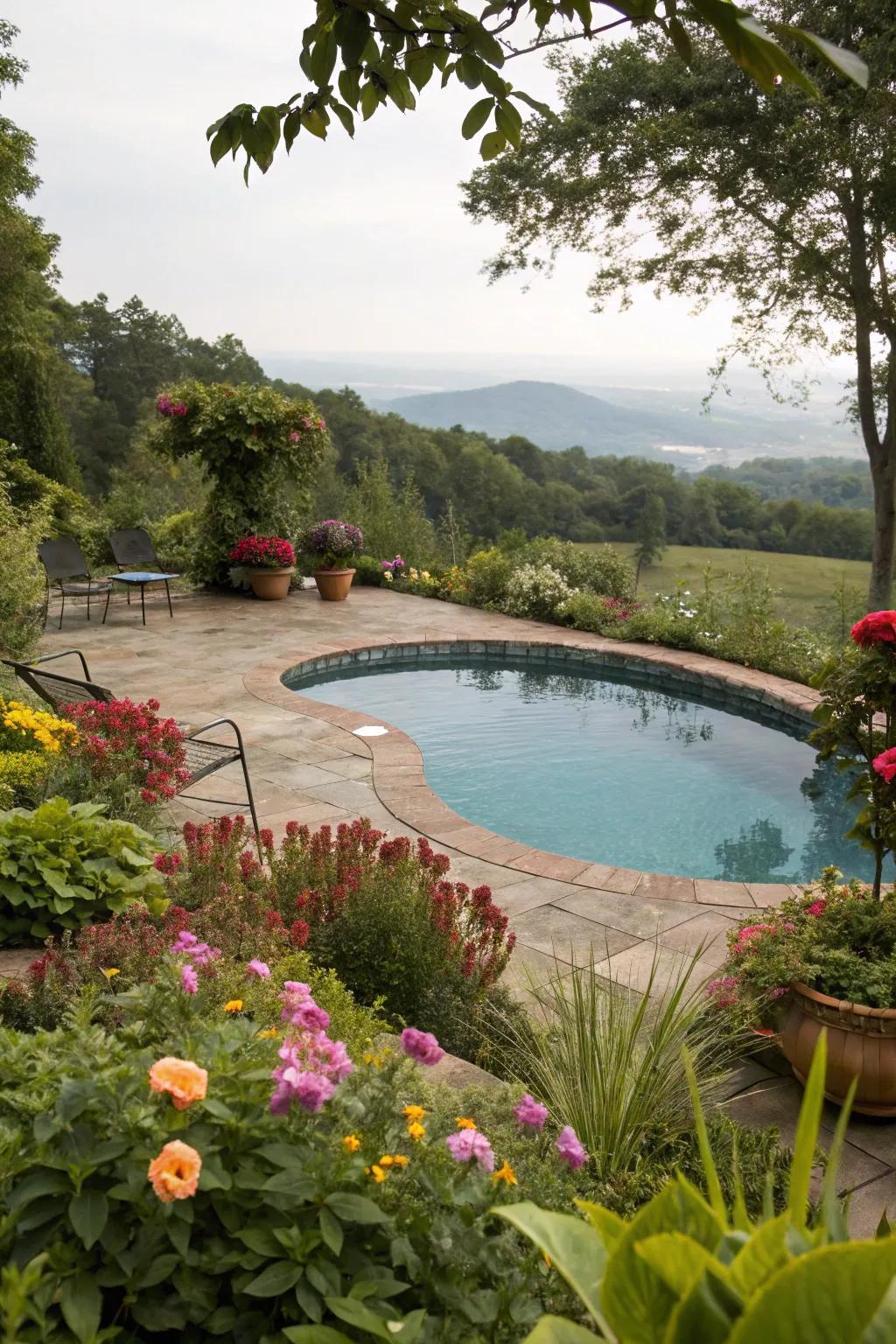 Rich greenery transforms the pool deck into a serene retreat.
