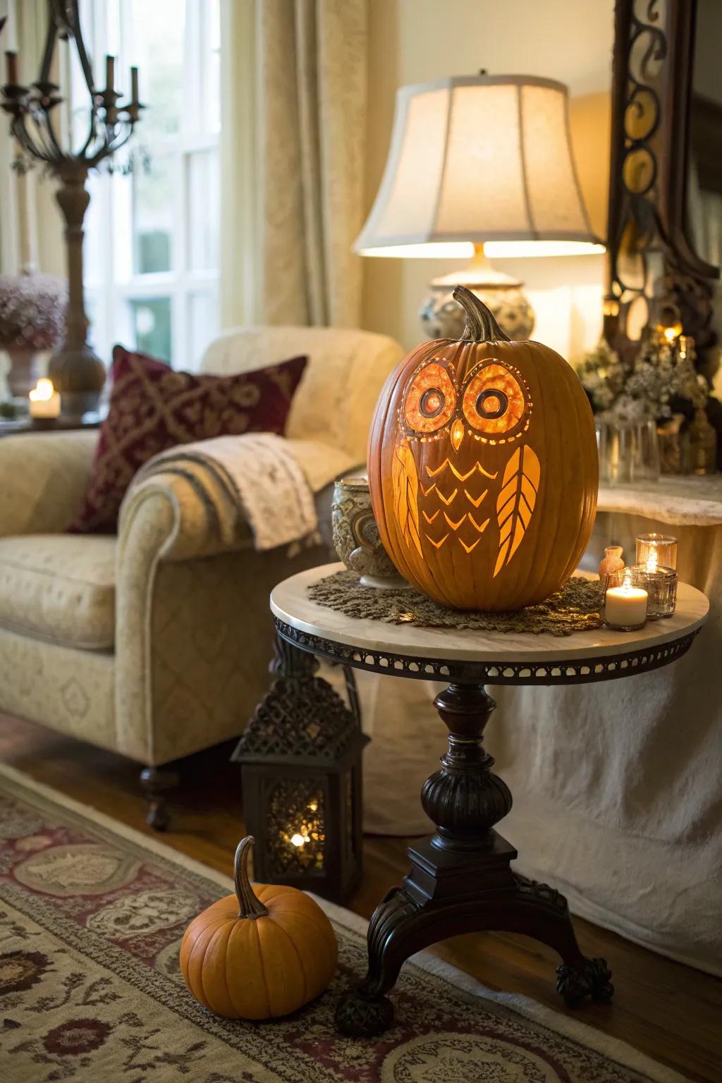 An Art Deco owl pumpkin brings vintage flair to your decor.