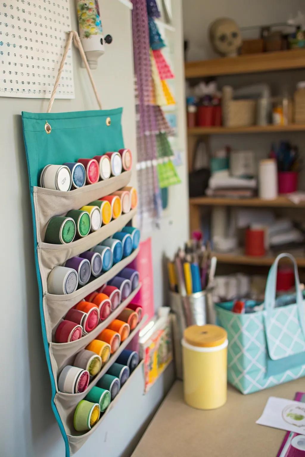 A footwear organizer, suspended, repurposed for storing smaller paint cans.