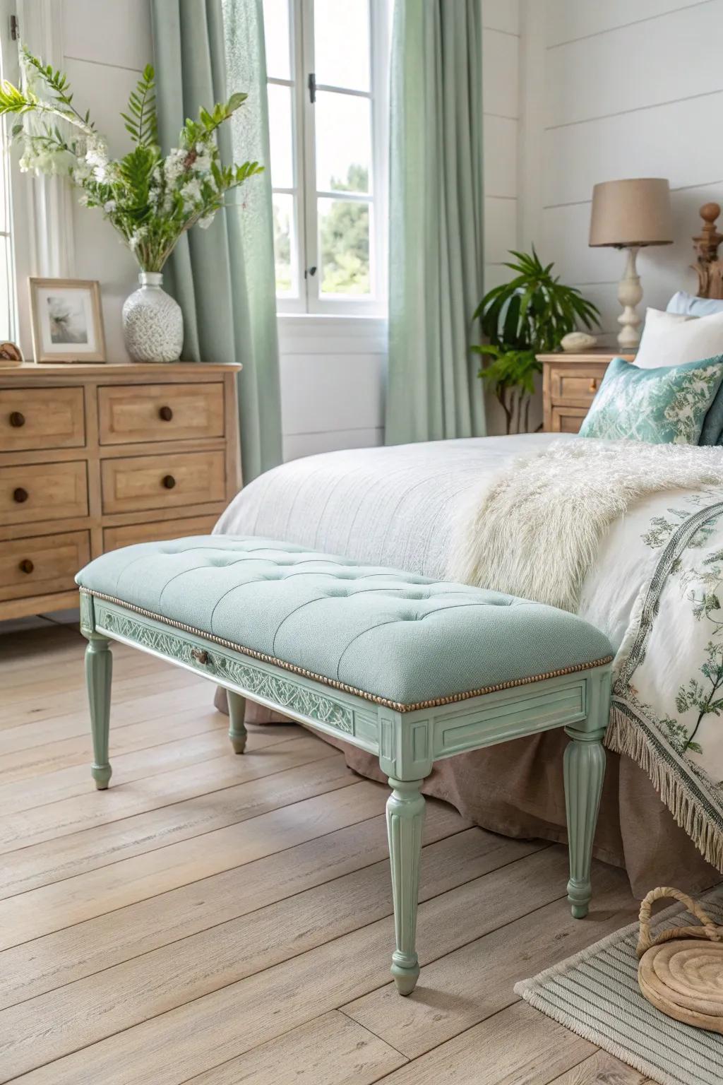 Incorporate elegance and utility with a painted bed end seat.