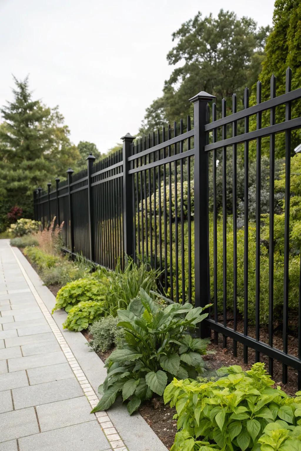 Black <strong>fences</strong> present a sophisticated contrast to abundant greenery.” loading=”lazy” class=”pimg”>
	</picture><figcaption>Black <strong>fences</strong> present a sophisticated contrast to abundant greenery.</figcaption></figure>
<p>A <strong>black fence</strong> serves as an ideal backdrop, providing a stylish contrast to your garden. It’s a technique I frequently use to accentuate the innate charm of plants.</p>
<h3>These products might help:</h3>
<ul class=
