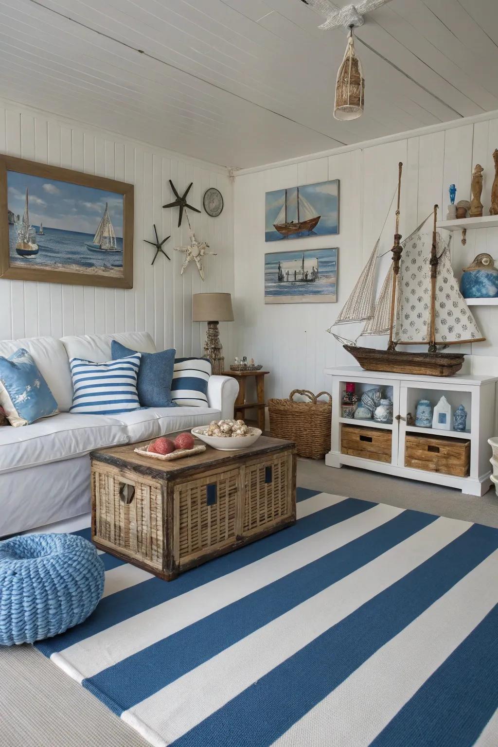 A living room changed with floors painted with coastal stripes, capturing the feel of a beach house.