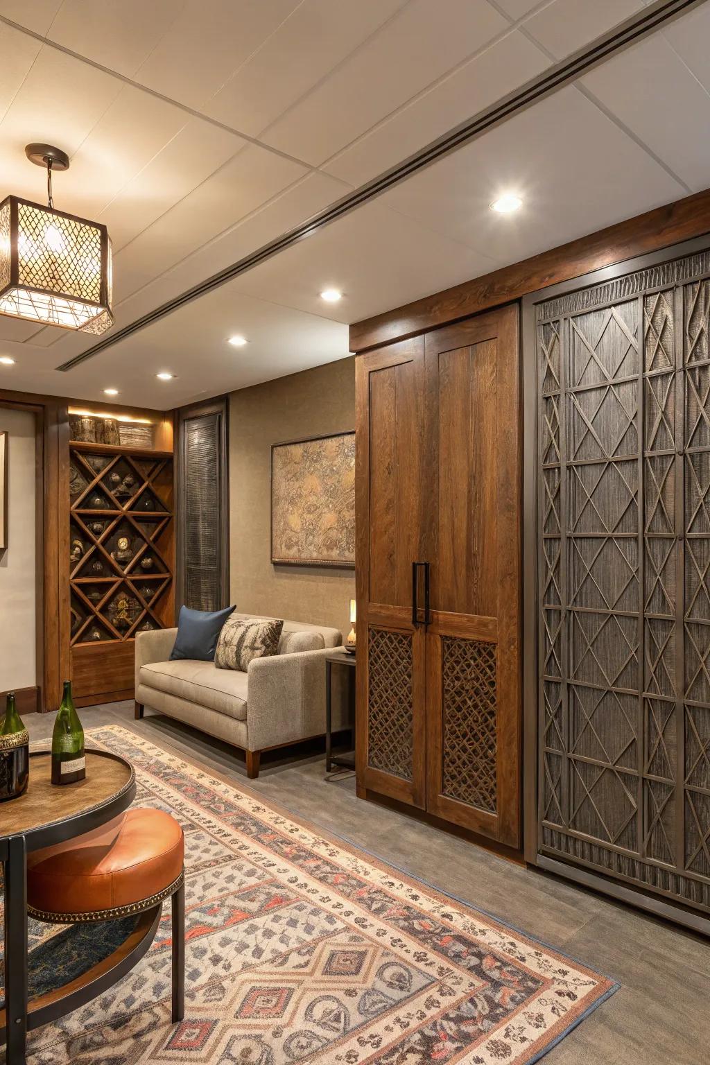 Area showing a fusion of timber, textile, and metal panels.