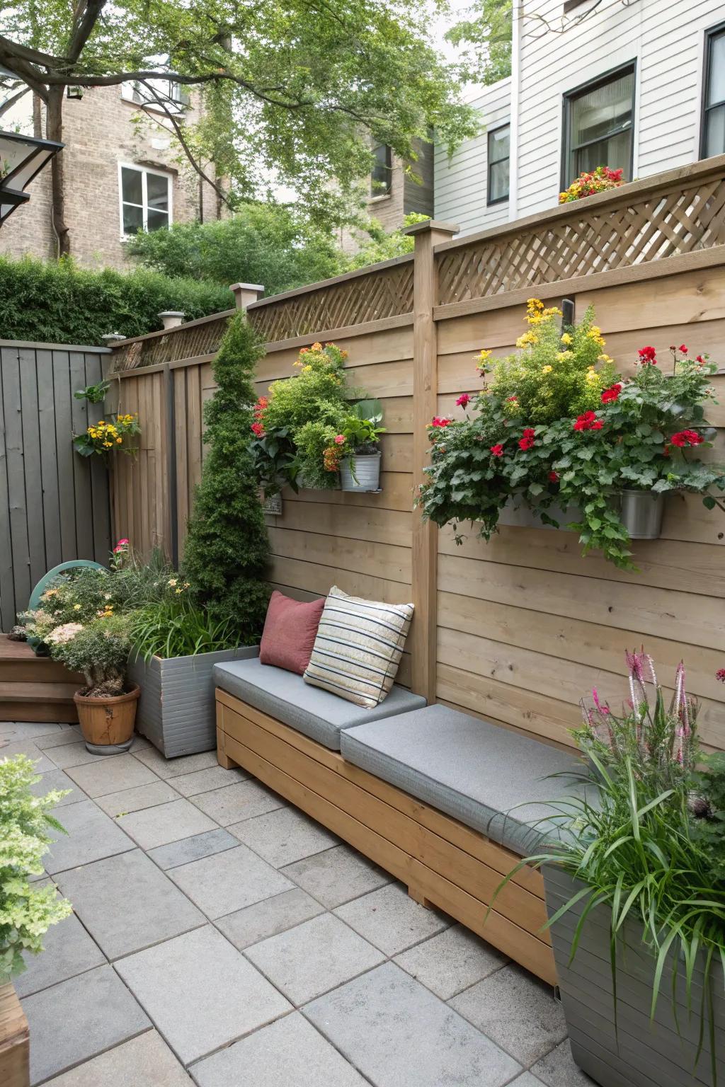 Built-in seating and planters enhance patio functionality.