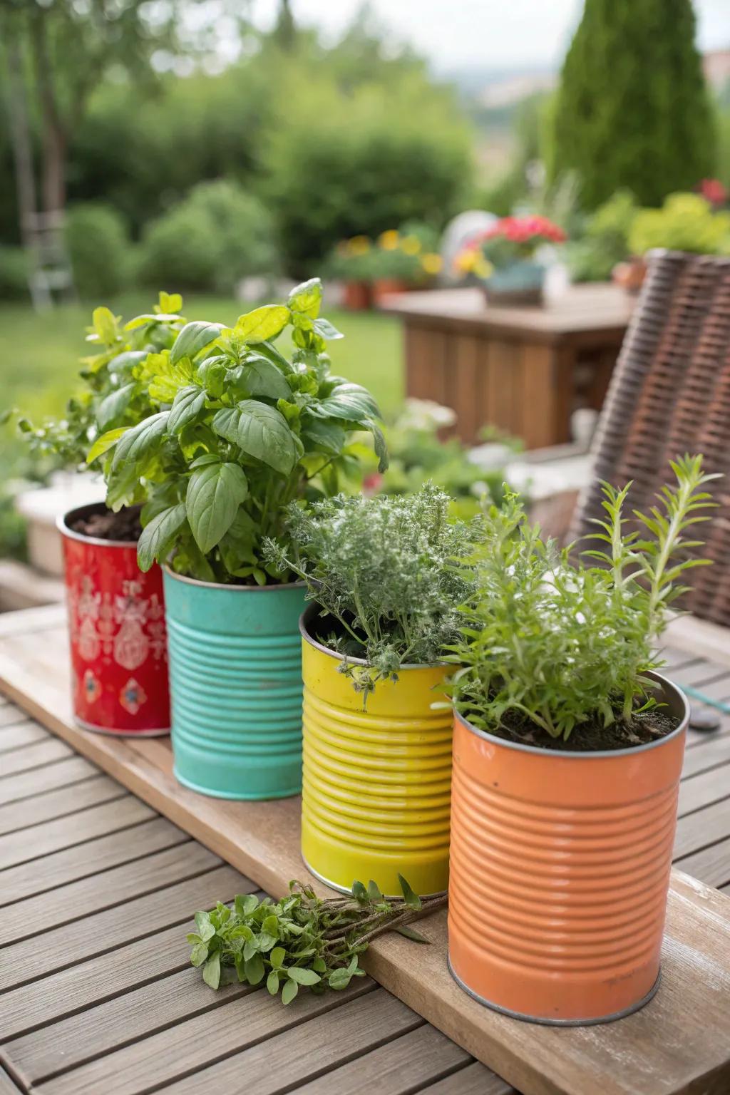 Upcycled tin can herb planters.