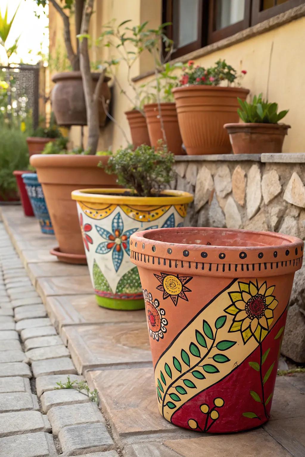 Brilliantly painted terra cotta containers lending charm to a patio.