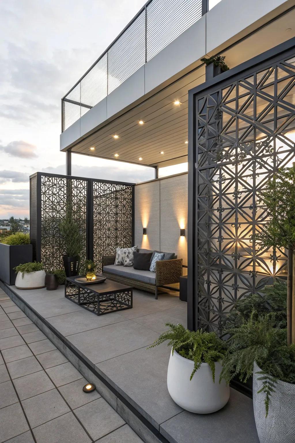 Symmetrical patterns provide a modern approach to privacy with artistic elegance.