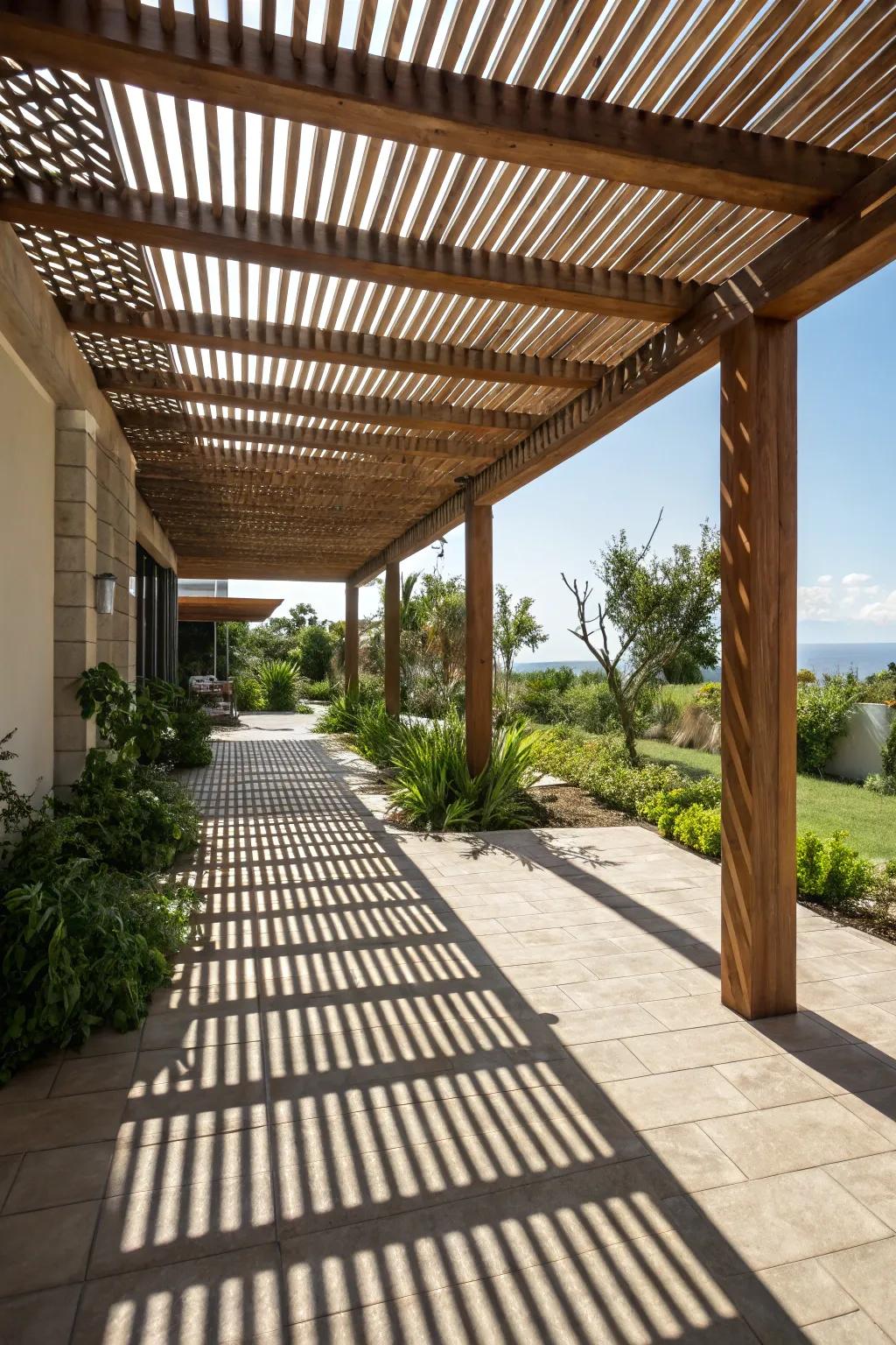 Slat roofs introduce a rustic touch and filtered shade to any patio.