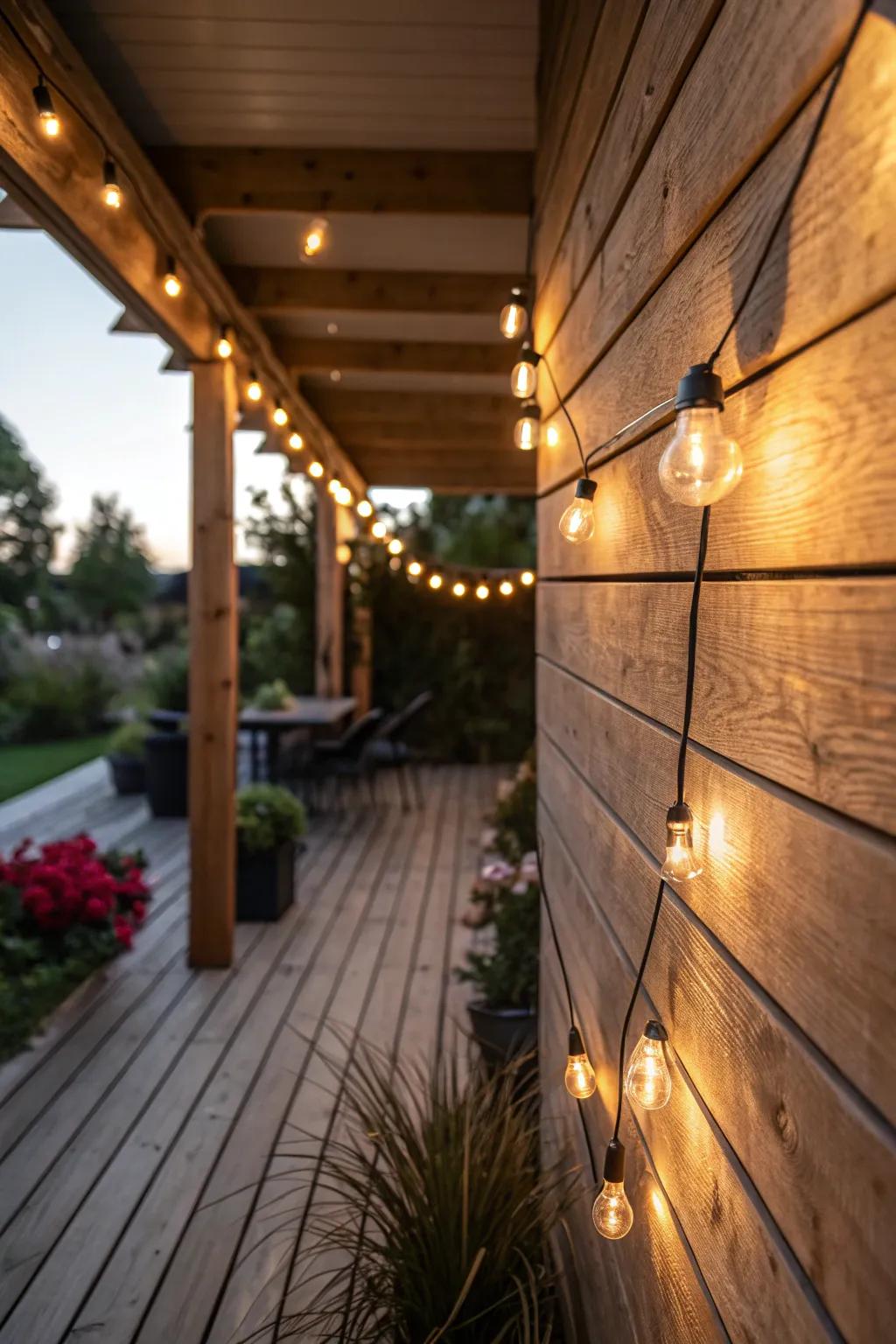 A wooden wall featuring string lights for a magical glow in the evening.