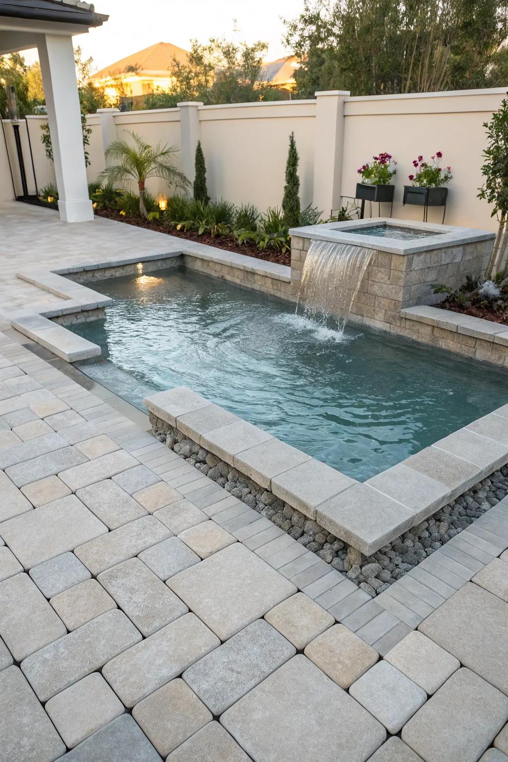 A water feature adds calm and luxury to the pool.