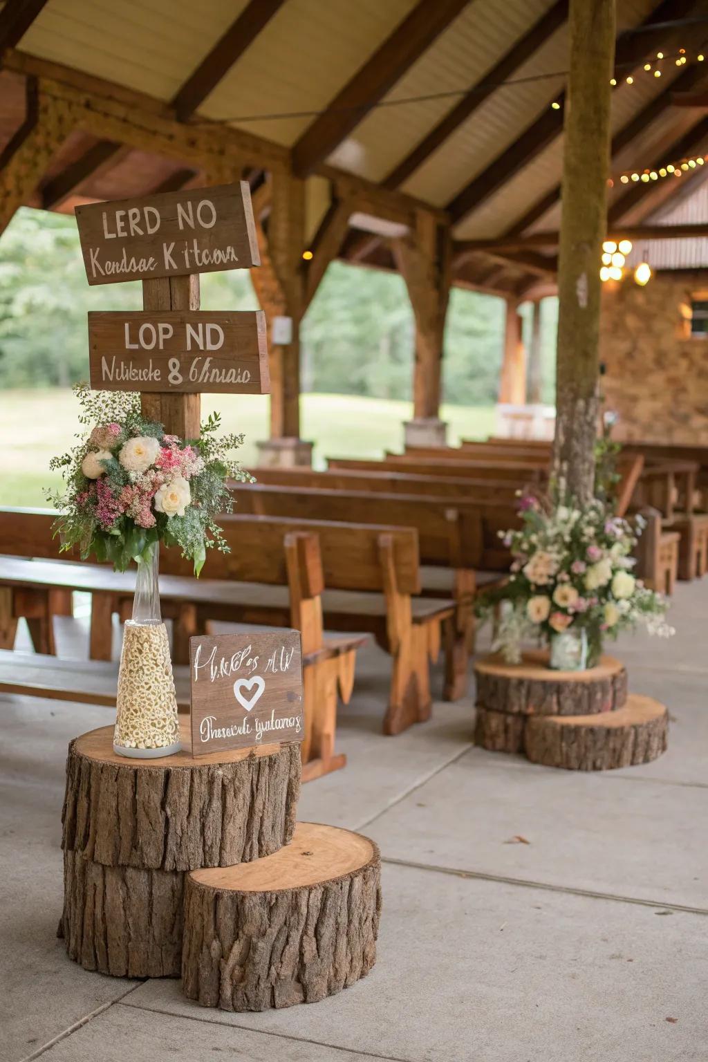 Unpolished wood features impart warmth and allure to the pavilion setting.