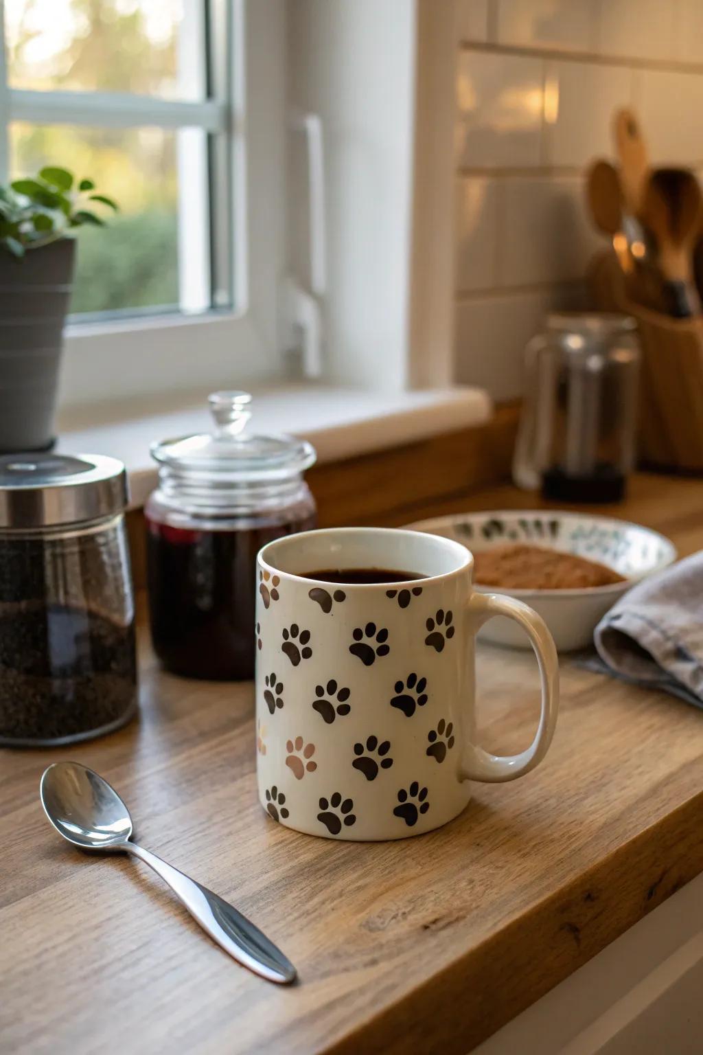 Pet paw print drinkware making mornings memorable.