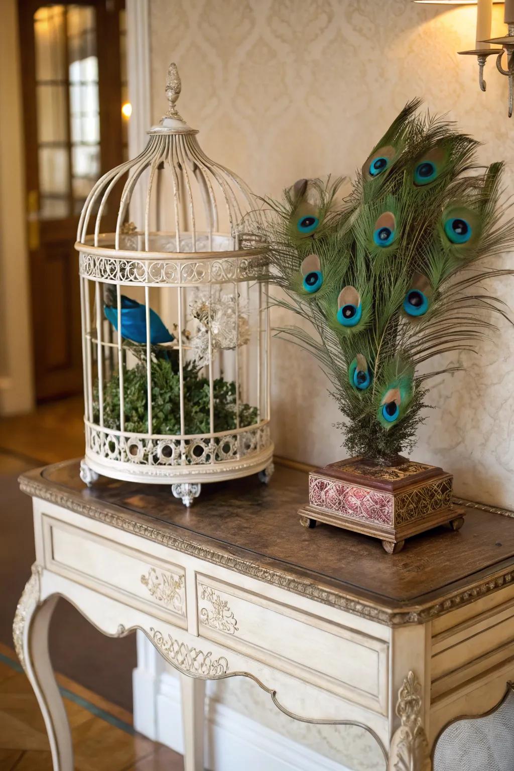 An imaginative birdcage centerpiece overflowing with peacock plumes.