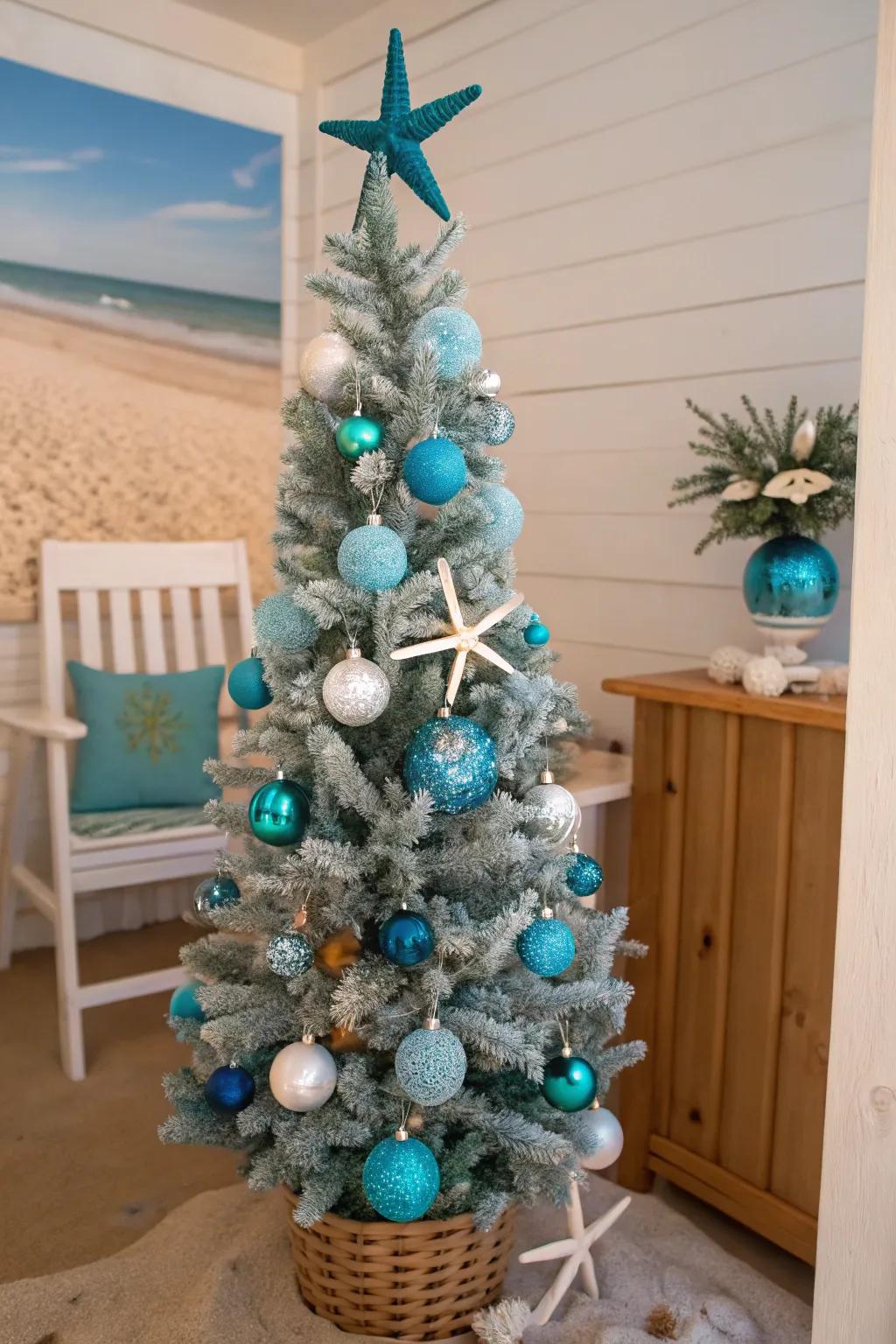 Coastal Christmas with a beach-inspired pencil tree.