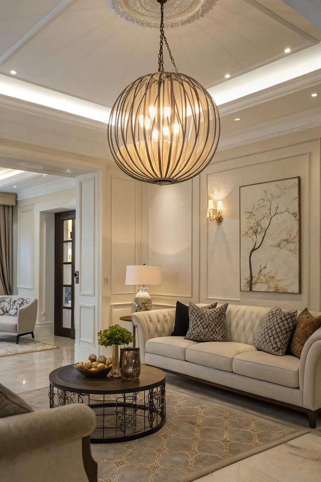 Artistic pendants serve as both lighting and decor.