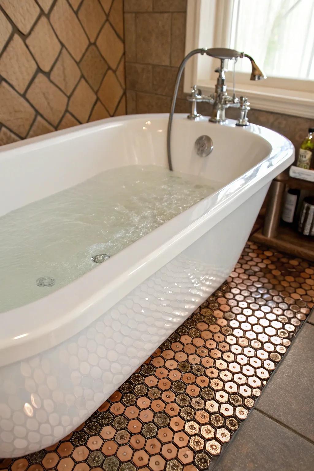 A luxurious bathtub surrounded by elegant penny tiles.