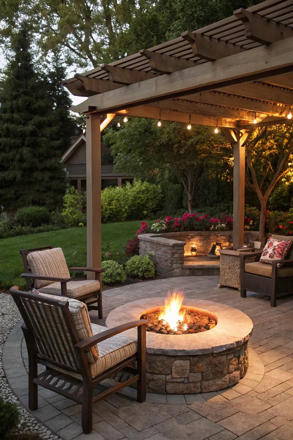 A fire pit provides warmth and ambiance, perfect for intimate gatherings.