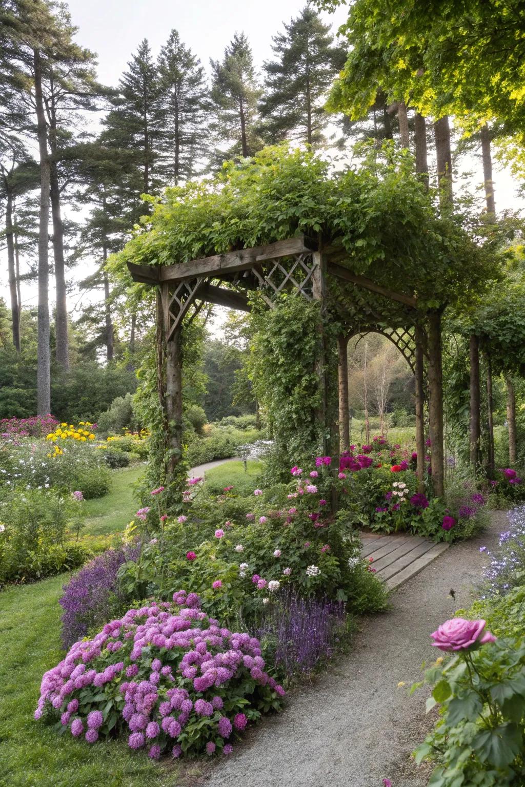 Create a secret garden vibe with lush greenery around your shade.