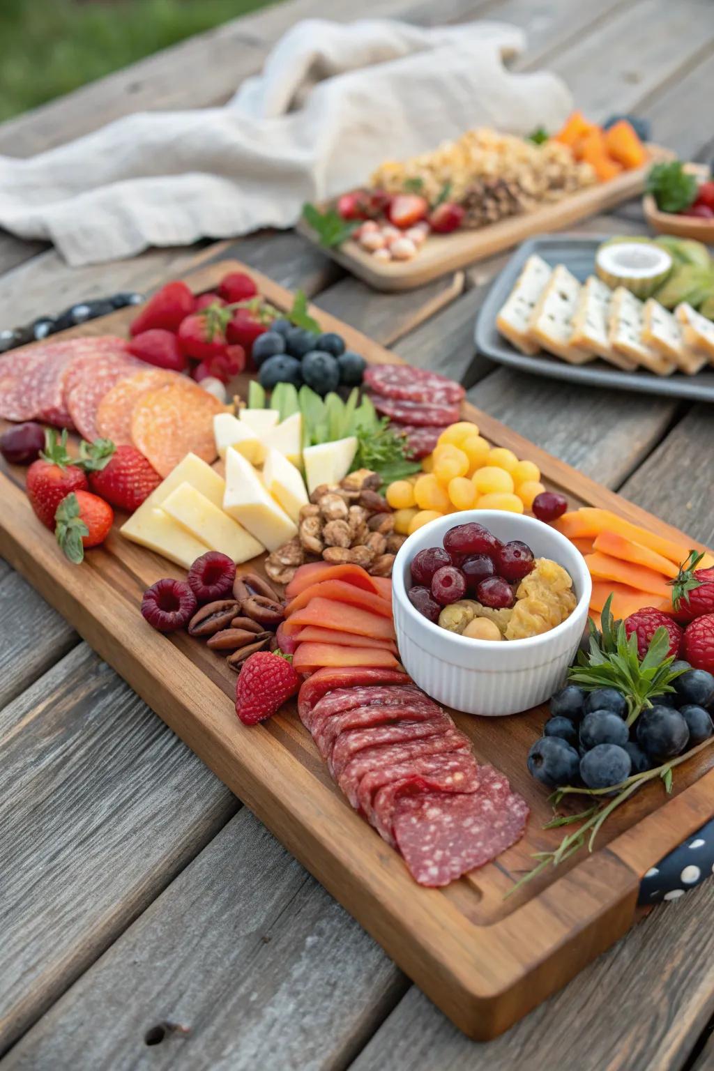 An artfully arranged charcuterie board elevates the picnic experience.
