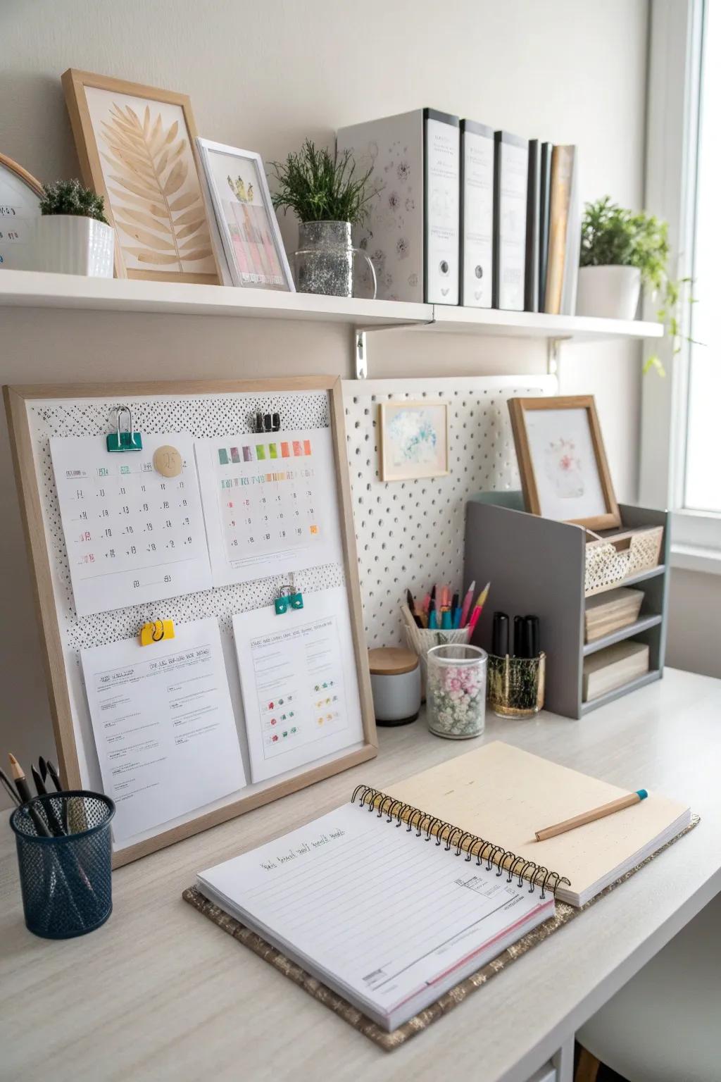 A picture ledge in a workspace maintains inspiration close.