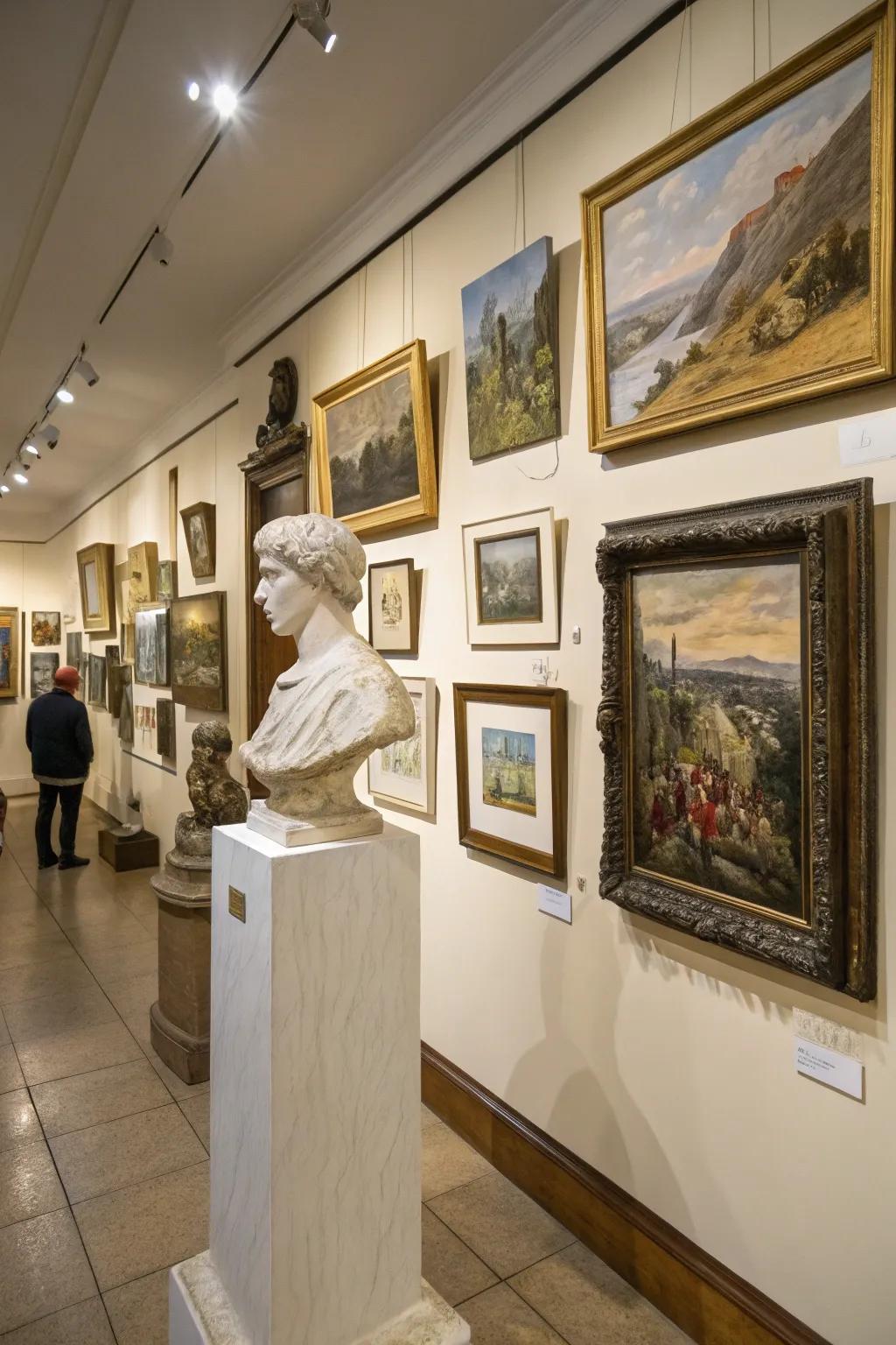 A gallery-esque picture wall showcasing a melange of artistic mediums.