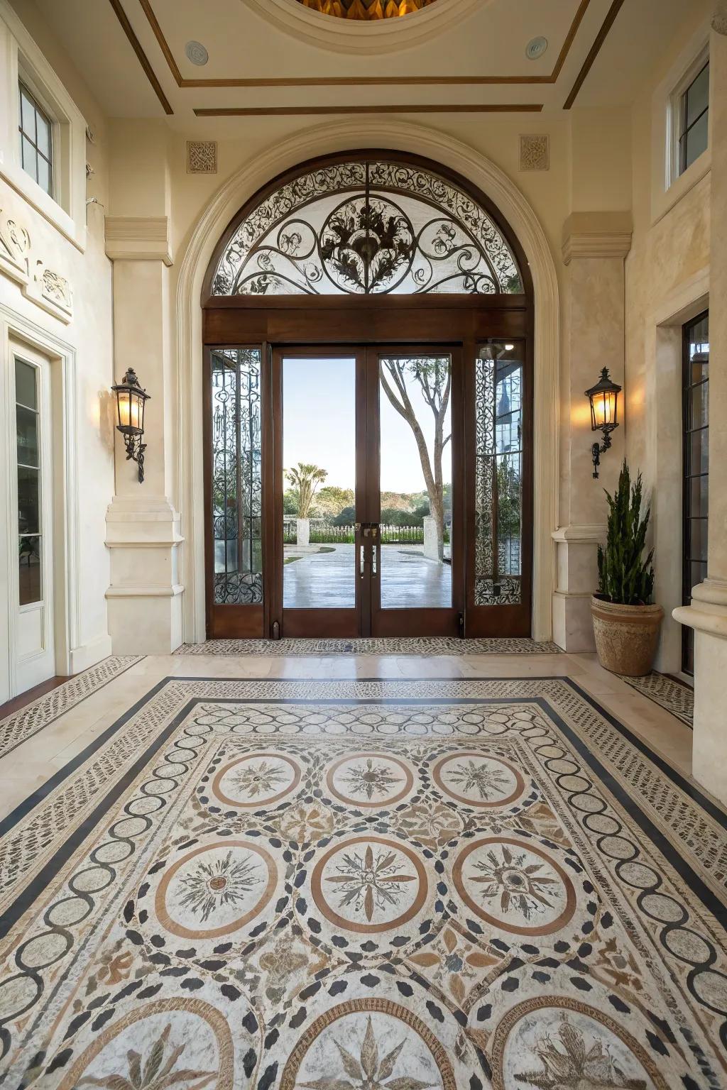 Tiny stone mosaics fashion an artistic and welcoming entrance.