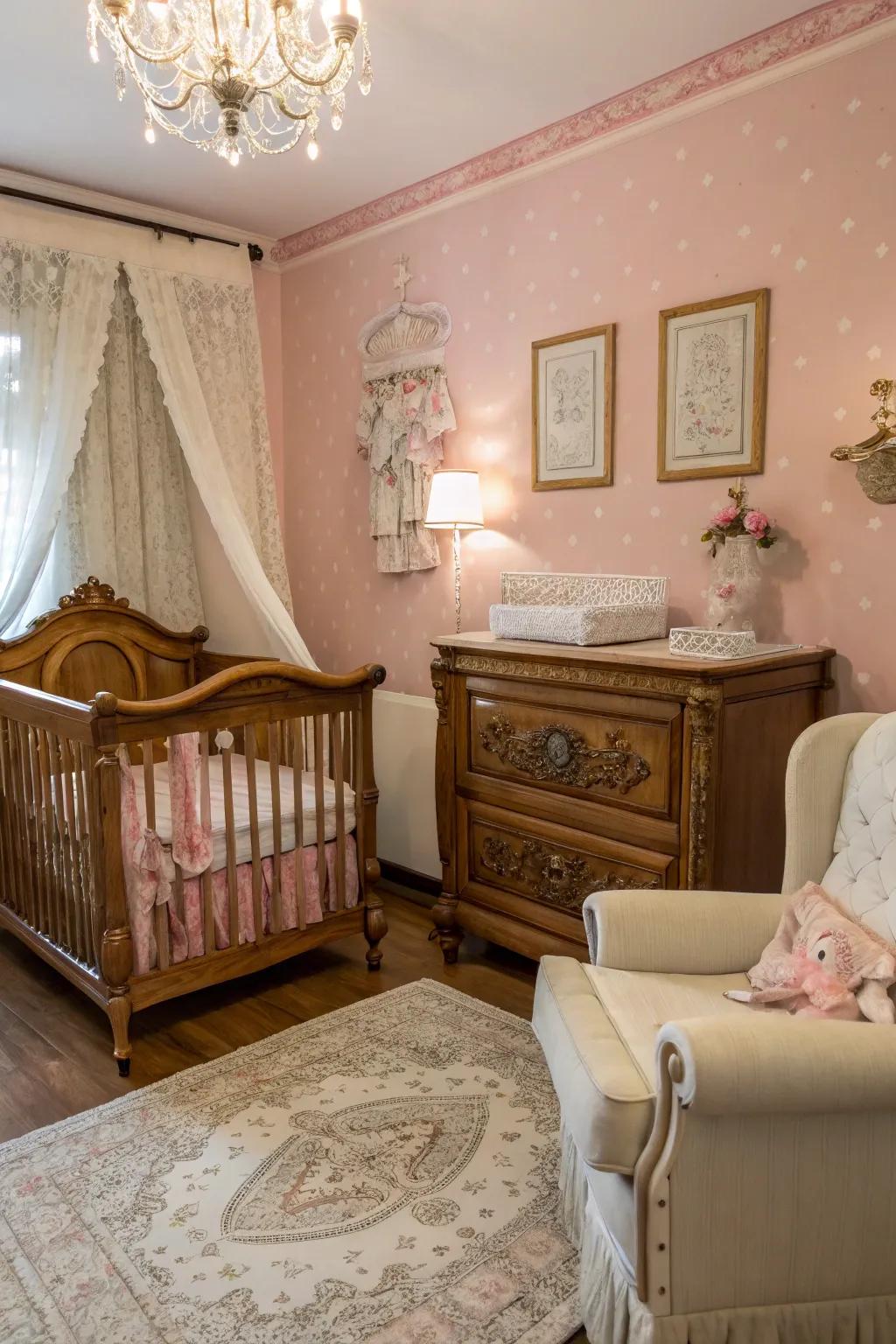 A nursery that blends vintage charm with a pink accent wall.