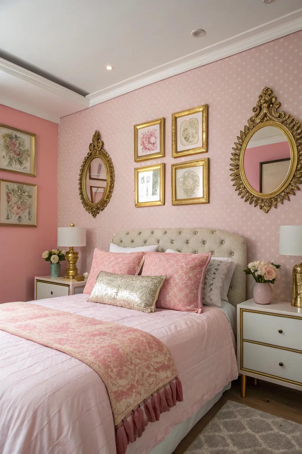 Gleaming gilt accents complement the rose decor featured in this fashionable bedroom.