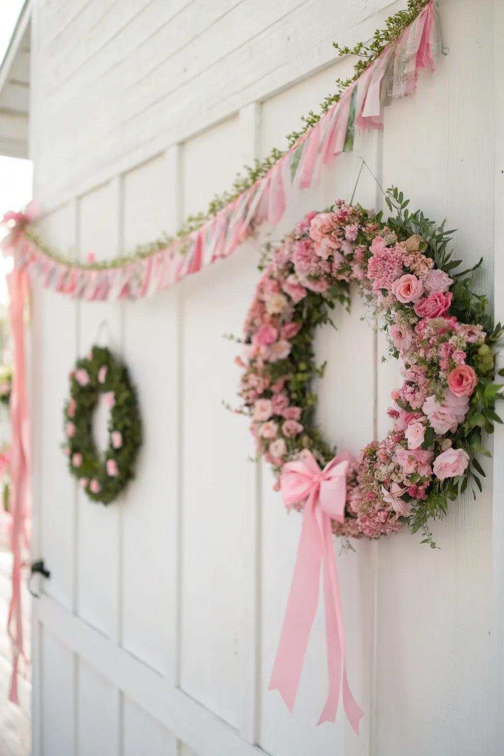Pink wreaths and garlands, infusing festive charm into every corner.